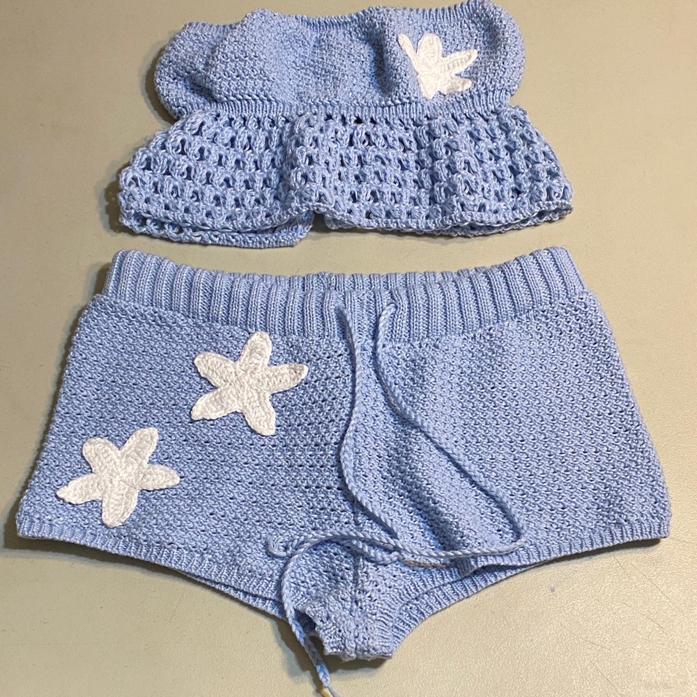SHEIN Light Blue Crochet Star Appliqué Shorts